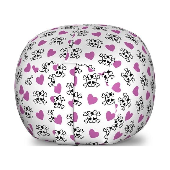 Teen Storage Toy Bag Chair, Funky and Girlish Youth Pattern Emo Skulls with Bowknots Bones and Hearts, Stuffed Animal Organizer Washable Bag, Small Size, Violet Black White, by Ambesonne