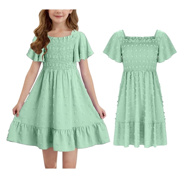 Summer Dresses for Girls Short Sleeve Girls Casual Dresses Smocked Embroidered Girls Beach Dress Girl Dresses 13-14 Years