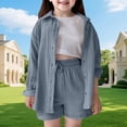 thumbnail image 1 of Teen Summer Outfits 2026 Two Piece Sets for Girl Gauze Long Sleeve Button Down Shirts and Shorts Set Casual Summer Oversized Tracksuit, 1 of 9