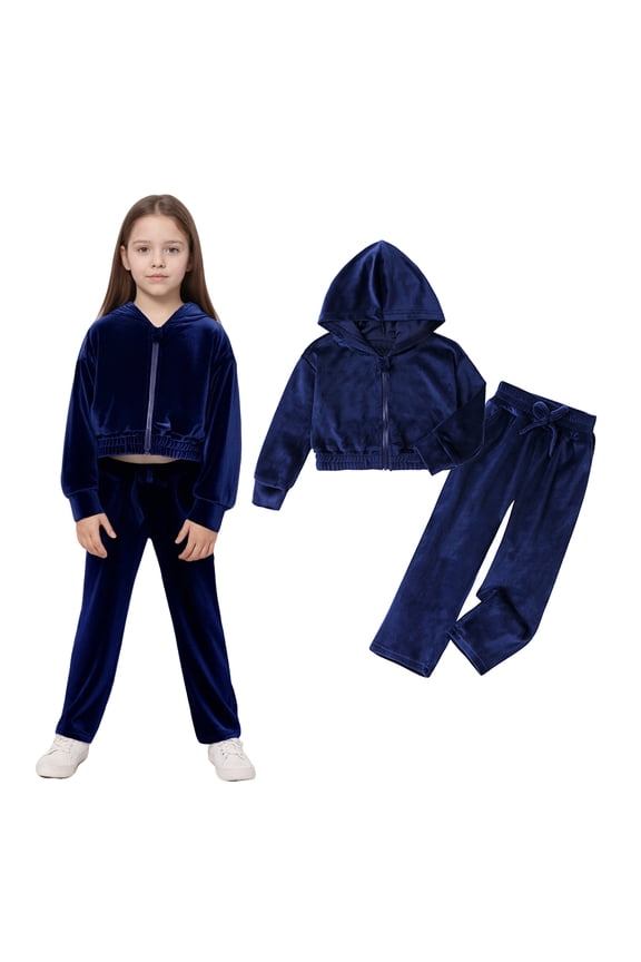 Teen Sweat Suits for Girls Velour Navy Track Suit Zipper Cropped Hoodie and Sweatpants Sets Girls Fall Outfits 11-12 Years