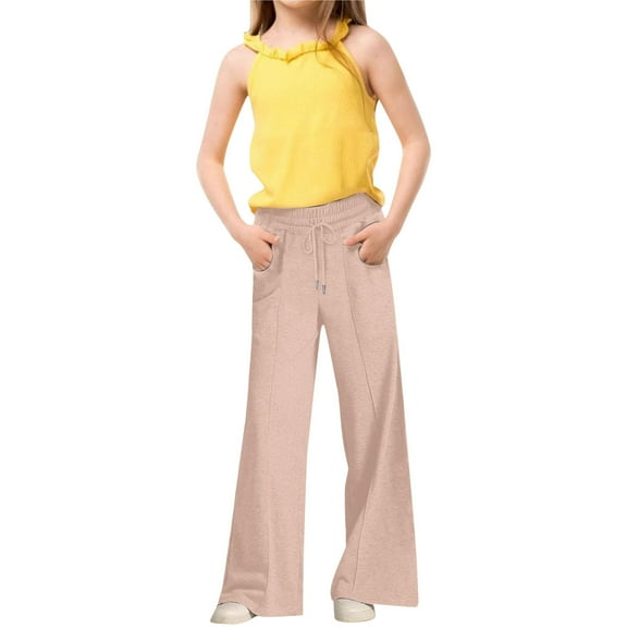 Teen Sweatpants Casual High Waisted Straight Leg Sweatpants Kids Beige Sweatpants Baggy Pants Clothes For Girls 13-14 Years