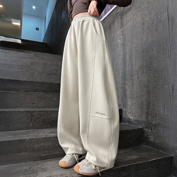 Teen Sweatpants Kids Beige Sweatpants Girls Casual Girls Athletic Joggers with Pockets Wide Leg Pants Girls Pants Size 10-11 Years