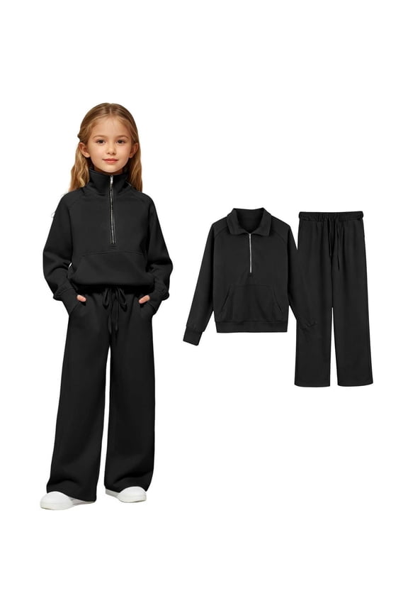 Teen Sweatsuit Set for Girls Black Sweatsuit Quarter Zip Thumbhole Pullover Sweatshirts Sweatpants Set Girls Activewear Sets 13-14 Years