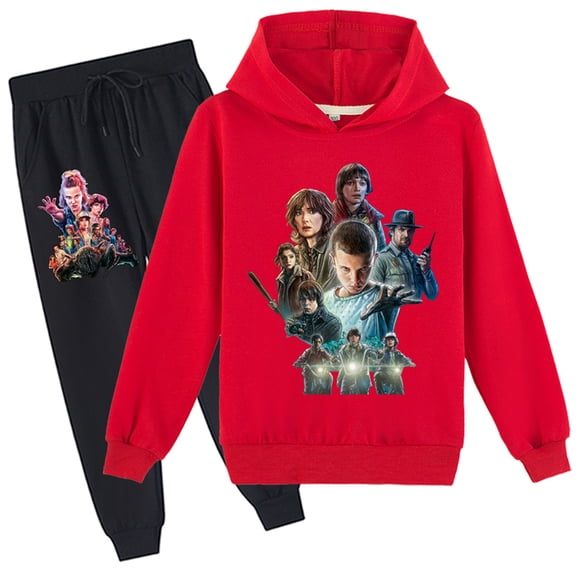 Teen Sweatsuit Stranger TV Things Pullover Sweatshirt Hooded and Sweatpants Set-Boys Girls 2 Piece Hooded Suit(8-16Y)