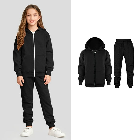 Teen Sweatsuit Zip up Black Track Suit Hoodie Sweatshirt Sweatpants Set Cute Clothing for Girls 11-12 Years