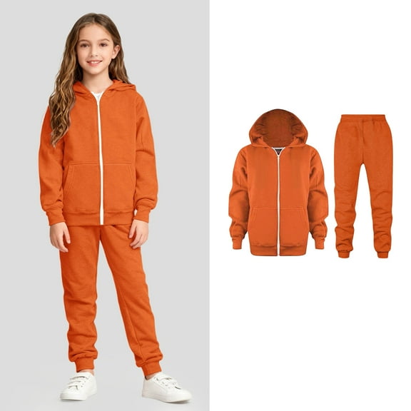 Teen Sweatsuit for Girls Zip up Orange Sweatsuit Hoodie Sweatshirt and Sweatpants Set Girls Clothes 11-12 Years Old