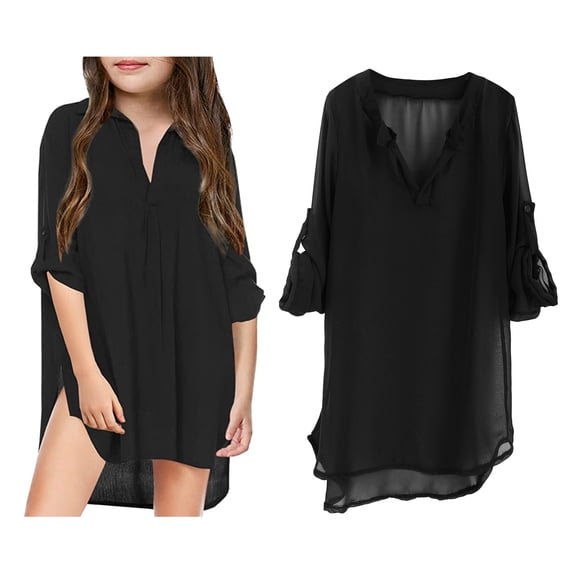 Teen Swim Cover Up Girl V Neck Chiffon Shirt Quick Dry Swim Dress Girls Coverups for Bathing Suits 12-13 Years