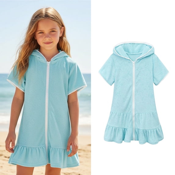Teen Swimsuit Cover Up Girls Zip Up Hooded Green Towel Cover Up Girls Towel Dress Kids Swimsuits 10-11 Years