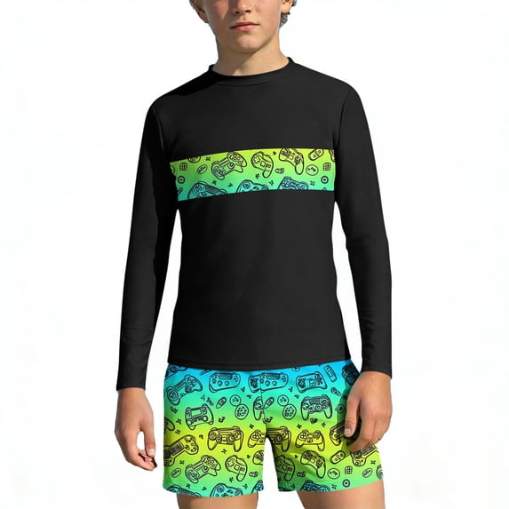 Teen Swimsuits Boys Rash Guard Set Hawaiian Print 2 Piece Long Sleeve Boy Swim Shirt with Boys Swim Trunks Modest Beach Kids Bathing Suit Swimwear Set for 3-14Years