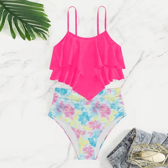 Teen Swimsuits Cute Girl Swimsuit 2 Piece Bikini Set Tiered Ruffled Bathing Suit Adjustable Straps Summer Girls Swimwear 5-14 Years