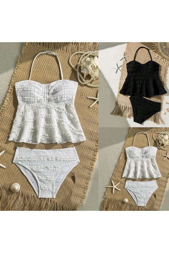 Teen Swimsuits High Elastic Ribbed Tankini 2 Piece Swimsuit Comfortable Girls Bathing Suits Black 9-10 Years
