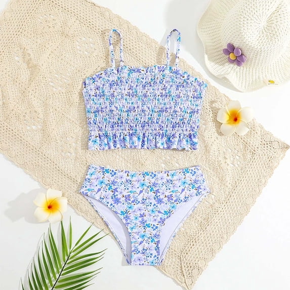 Teen Swimsuits Kids Summer Floral Print 2 Piece Bikini Swimsuit Lightweight Baby Girl Bathing Suit Sky Blue 8-9 Years
