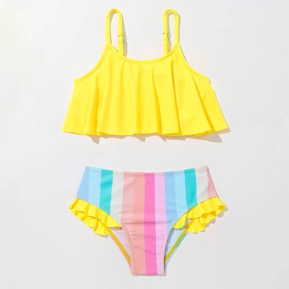 Teen Swimsuits Striped Ruffle 2 Piece Tankini Bikini Swimsuit Set Baby Girl Bathing Suit Yellow 4-5 Years