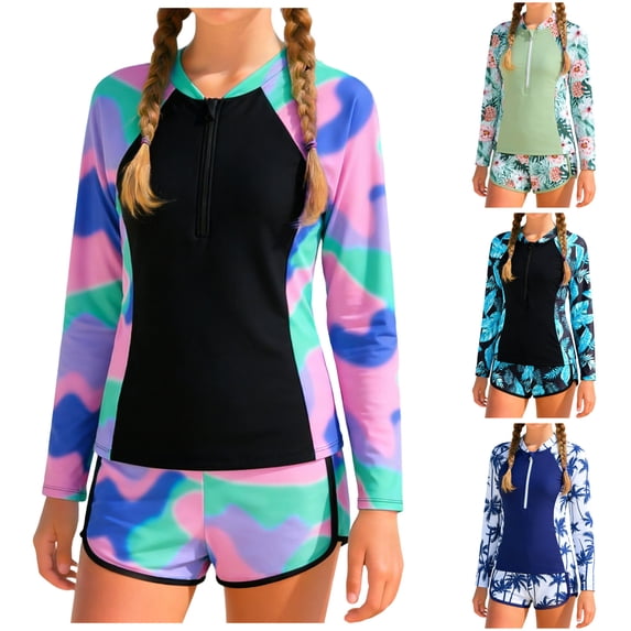 Teen Swimsuits Tankini Girls Rash Guard Swimsuit 2 Piece Long Sleeve One Piece Front Zipper UPF 50+ Bathing Suits with Swim Shorts 6-14 Years