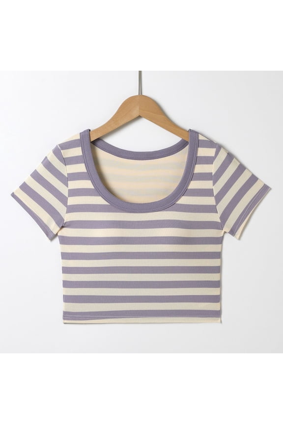 Teen T Shirts Short Sleeve, Girls Cute Shirts Striped Crop Tops, Teen Girl T Shirts with Chest Pads, Summer Clothes Girls(14-19 Years Old)