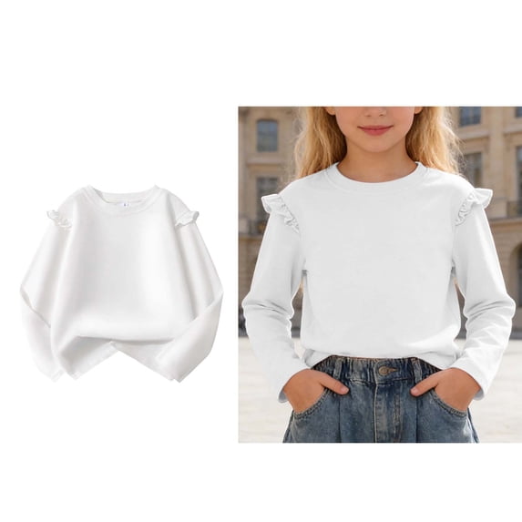 T-Shirts White Long Sleeve Shirt Kids Crewneck Ruffled T Shirt Girls Basic Tees Girls Shirts Size 11-12 Years