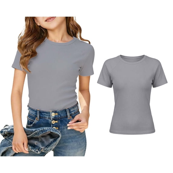 Teen T-Shirts for Girls Short Sleeve Crew Neck Ribbed Knit T Shirts Slim Fit Tops Casual Summer Tops Girl T Shirts Size 13-14 Years