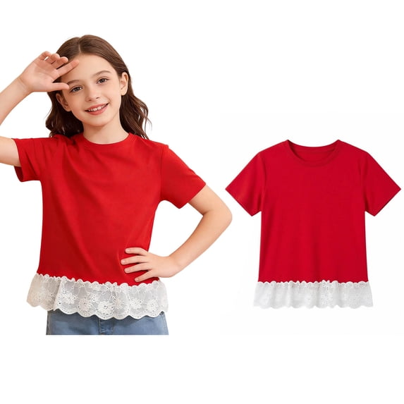 Teen T-Shirts for Girls Short Sleeve Cute Lace Hem Crewneck T Shirts Casual Pullover Tops Summer Tops 13-14 Years Old Girl Clothes