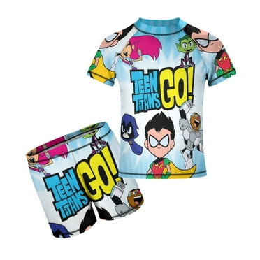 Teen Titans Go Boys Rash Guard Set Short Sleeve Bathing Suit Swim Trunks – 2 Piece Swimsuits