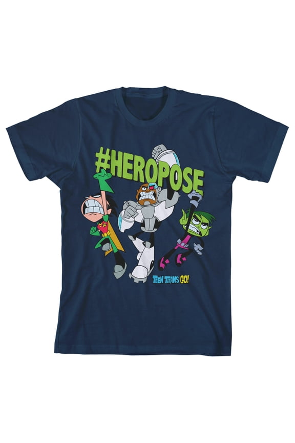 Teen Titans Go #HeroPose Youth Navy Blue Graphic Tee-Medium
