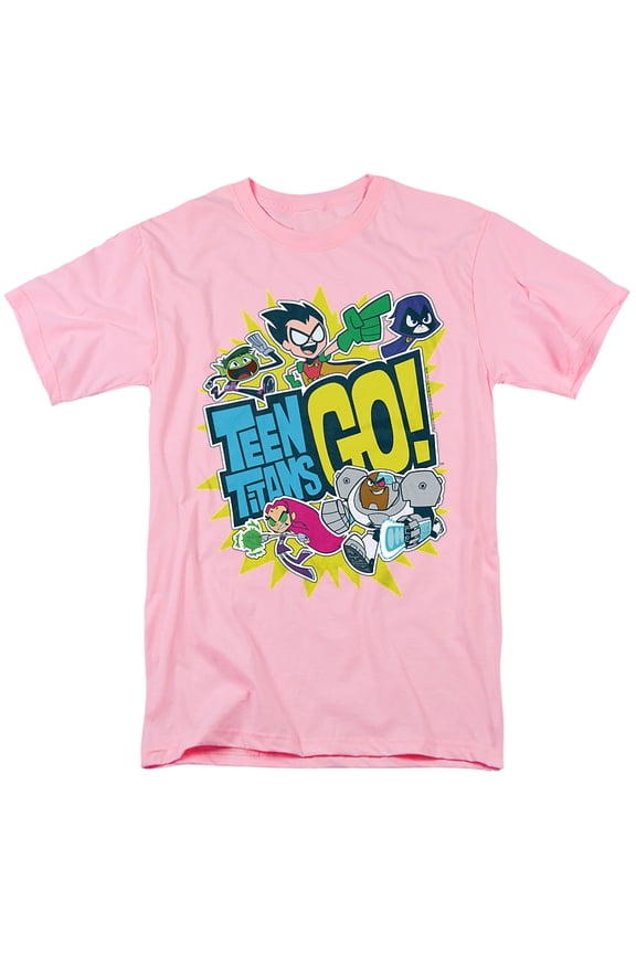 Teen Titans Go Logo And Characters Burst Unisex Adult T Shirt, Pink, Large