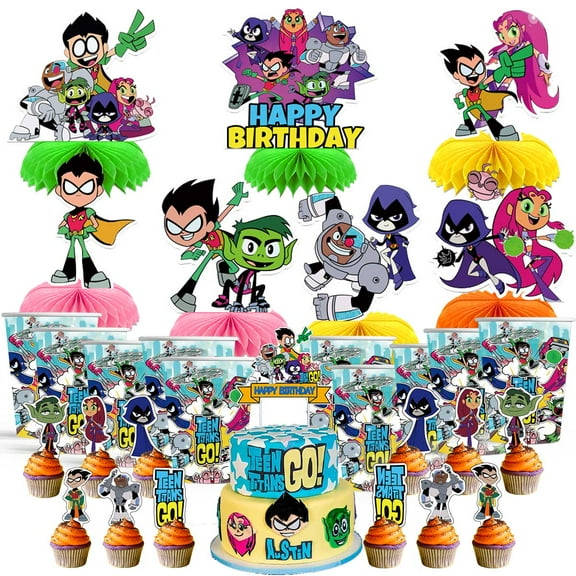 Teen Titans Go Party Supplies Decor Cups Fans Decorations Honeycomb Centerpieces Cake Toppers