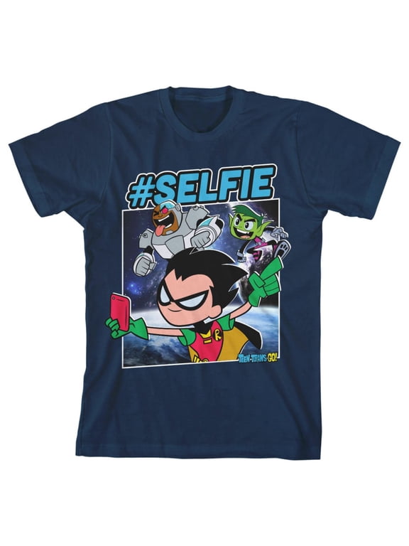 Teen Titans Go #Selfie Youth Navy Blue Graphic Tee-Large