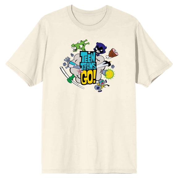 Teen Titans Go To The Movies Characters in a Fight with Logo Natural Tan Man's T-Shirt-3X-Large