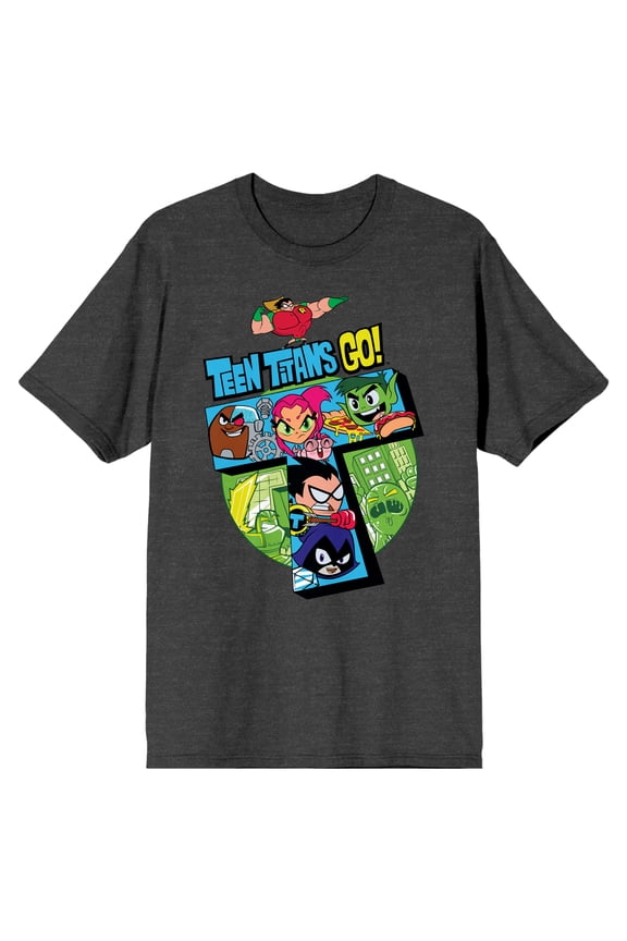 Teen Titans Go To The Movies Teen Titans 5 Main Heroes Charcoal Heather Gray Men's T-Shirt-XX-Large