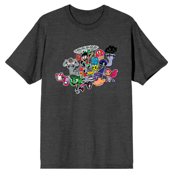 Teen Titans Go To The Movies Teen Titans Main Characters with Pie Maker Charcoal Heather Men's T-Shirt-3X-Large