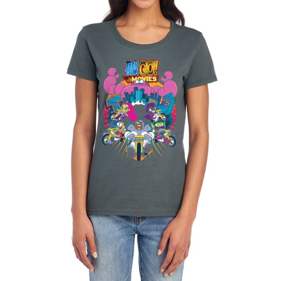 Teen Titans Go to The Movies Burst Through Women's T Shirt, Charcoal, Large