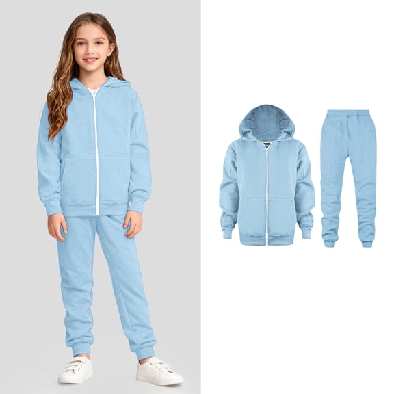 Teen Track Suit for Kids Zip up Blue Sweat Suit Hooded Sweatshirt and Sweatpants Set Girls 2 Piece Set 11-12 Years