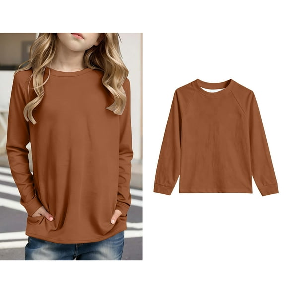 Teen Tshirts for Boys Brown Long Sleeve T-Shirts with Pocket Girls Casual Crewneck Basic Tees Fall Tops Boy T-Shirts Size 13-14 Years