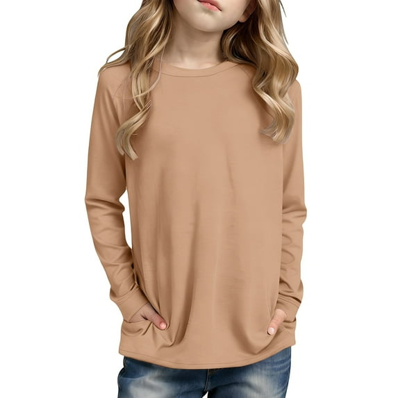 Teen Tshirts for Boys Khaki Girls Long Sleeve T Shirts with Pocket Kids Crewneck Basic Tees Fall Clothes Boys Shirts Size 13-14 Years