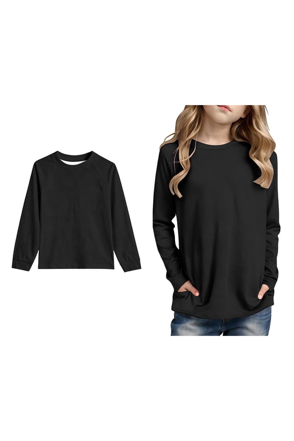 Teen Tshirts for Girls Black Girls Long Sleeve T Shirts with Pockets Girls Basic Crewneck Tops Fall Clothes Boy Shirts Size 11-12 Years
