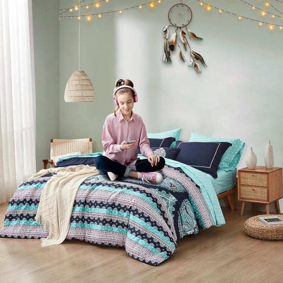 Teen Twin Complete Comforter Sets for Girls, Boho Medallion Tween Bed in A Bag 6 Piece, Blue Microfiber Bedding Set with Sheets, Matching Decorative Pillow