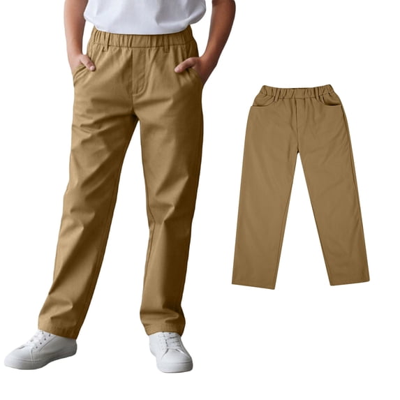 Uniform Pants Elastic Waist Straight Leg Slim Fit Coffee Uniform Pants Boy Clothes Size 13-14 Years