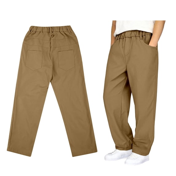 Teen Uniforms for Girls Dress Pants Adjustable Waist Stretch Pants with Pockets Boys Brown School Pants Back To School Slim Fit Pants for Teens 13-14 Years