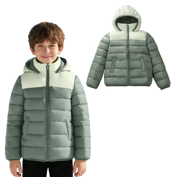 Teen Winter Coat for Boys Hooded Puffer Jacket Boys Color Block Jacket Zipper Long Sleeve Waterproof Boys Lightweight Jacket 13-14 Years Boy Jacket