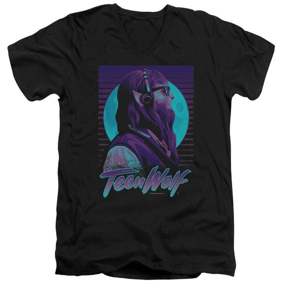 Teen Wolf Headphone Wolf Adult V-Neck T-Shirt 30/1 T-Shirt Black
