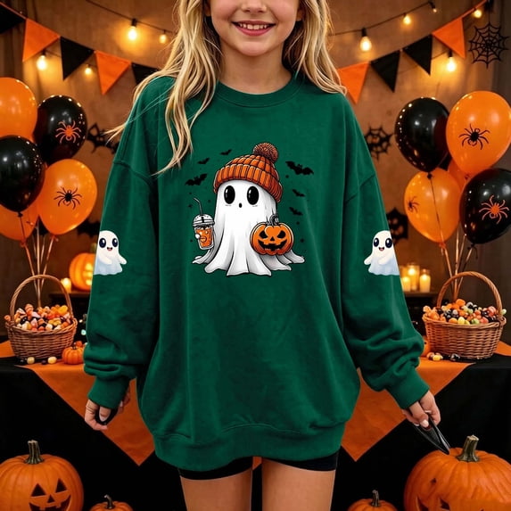 Teen Youth Girls Fall Graphic Sweatshirts Funny Ghost Coffee Print Pullovers Kids Long Sleeve Drop Shoulder Tops Crewneck Slouchy Sweaters for Halloween Season, Size 13-14