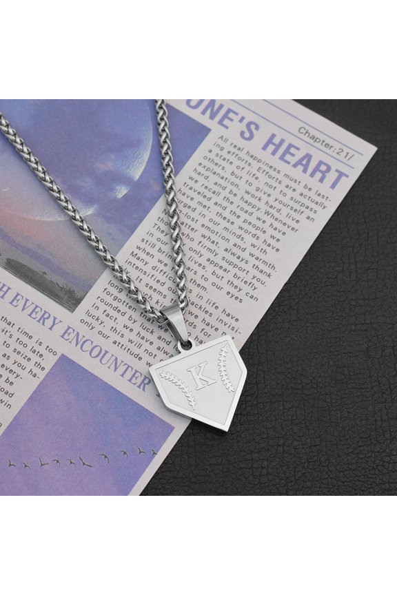 Teen letter A-Z necklace, stainless steel letter shield pendant, dragon bone chain, 22+2 inches, baseball home plate inspirational necklace, baseball jewelry, men's gift.