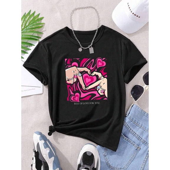 Teenage Girls' Hand Gesture, Heart & Letter Print T-Shirt