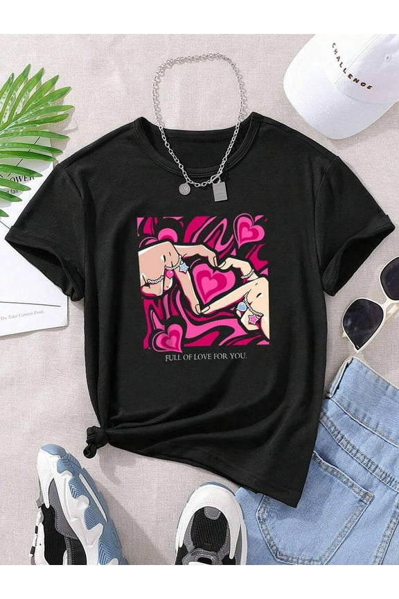 Teenage Girls' Hand Gesture, Heart & Letter Print T-Shirt