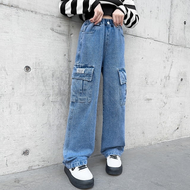 Teenage Girls Wide Leg Cargo Jeans 2024 Autumn Fashion Kids