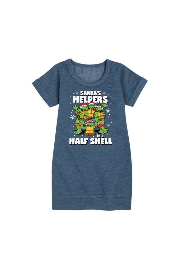 - Santas Helpers In A Half Shell Graphic Short Sleeve Fleece Dress