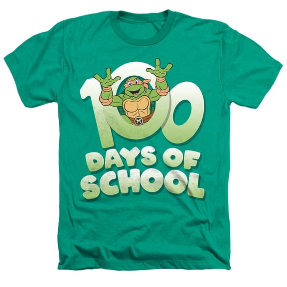 Teenage Mutant Ninja Turtles 100 Days of School Unisex Adult Heather T Shirt, Kelly Green Heather, Large