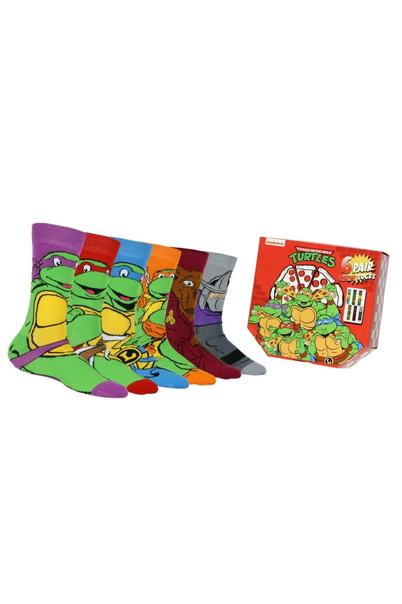 Teenage Mutant Ninja Turtles 6 Pair Character Crew Socks for Adults in TMNT Pizza Gift Box (Fits Shoe Size 6-12)