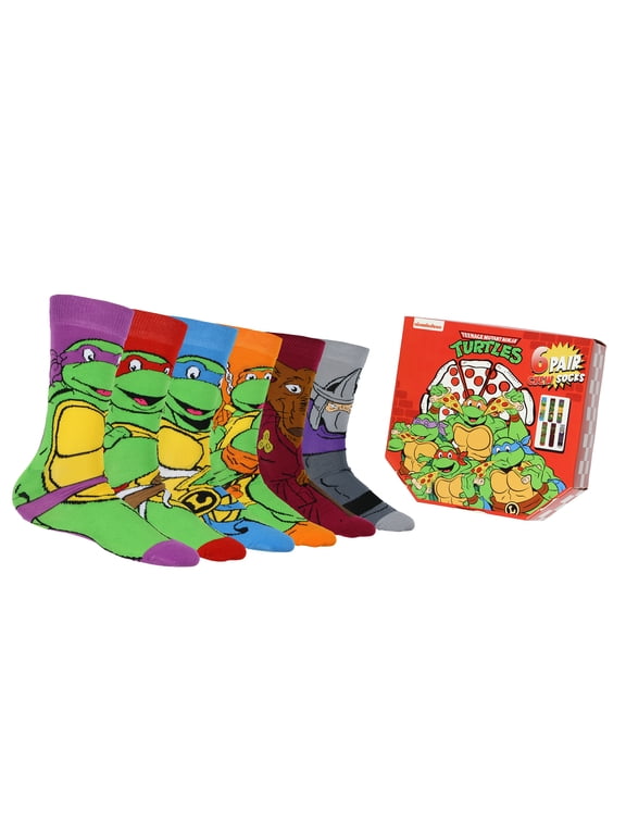 6 Pair Character Crew Socks for Adults in TMNT Pizza Gift Box (Fits Shoe Size 6-12)