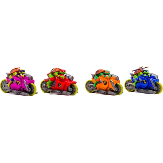 Teenage Mutant Ninja Turtles Backflip Riders 4-Pack, TMNT Rev-Up Motorcycle Toy Vehicles with Backflip Stunt Action, Rubber Tires, Mutant Mayhem Toy Set for Kids Ages 5+